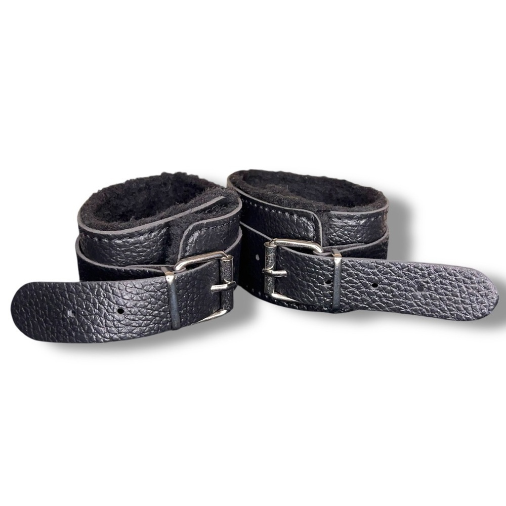 Set Of 2 Black Faux Leather Fur Lined Bracelets Punk Goth Psychobilly